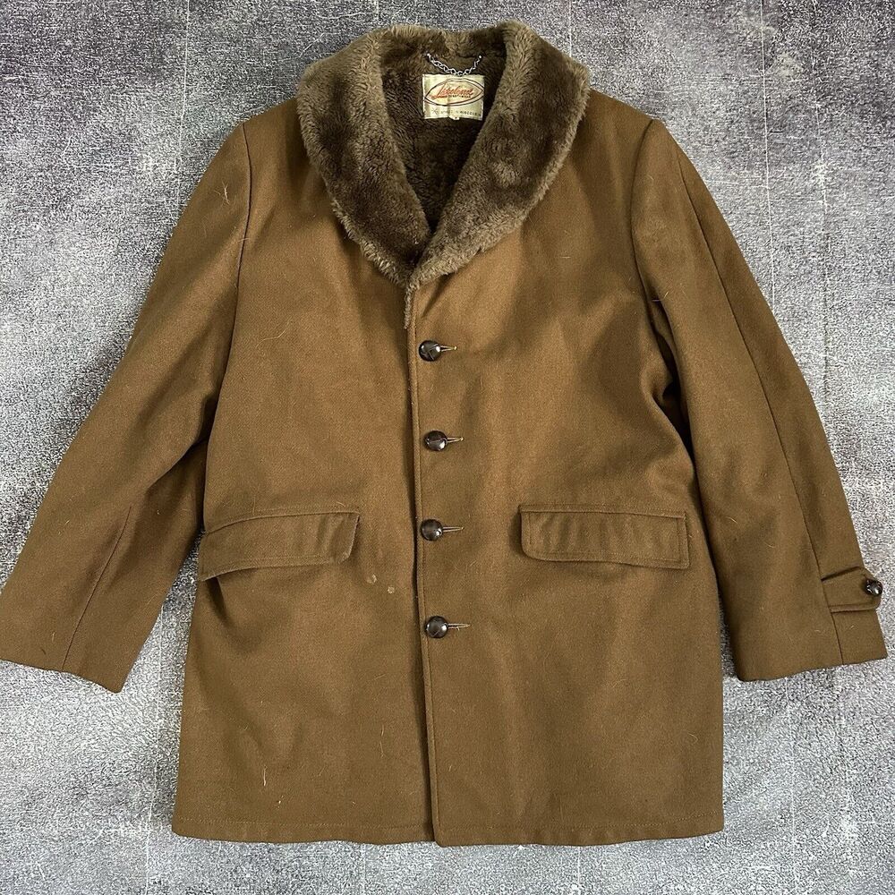 Men's Vintage 70's Lakeland Sportswear Brown Wool Sherpa Lined Coat Jacket Sz 44